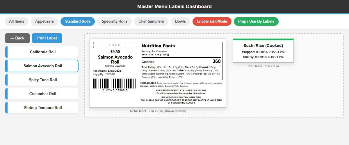 Representative image: a menu labels dashboard with category filters and a list of sushi rolls, beside a retail label preview with price, nutrition facts, ingredients, a raw-fish advisory and barcode, and a small prep label with prepped and use-by times.