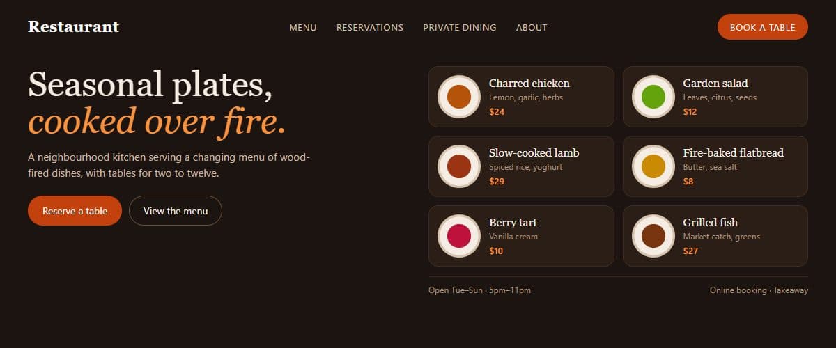 Representative image: a restaurant home page with a reservation button beside a grid of menu dishes and prices.